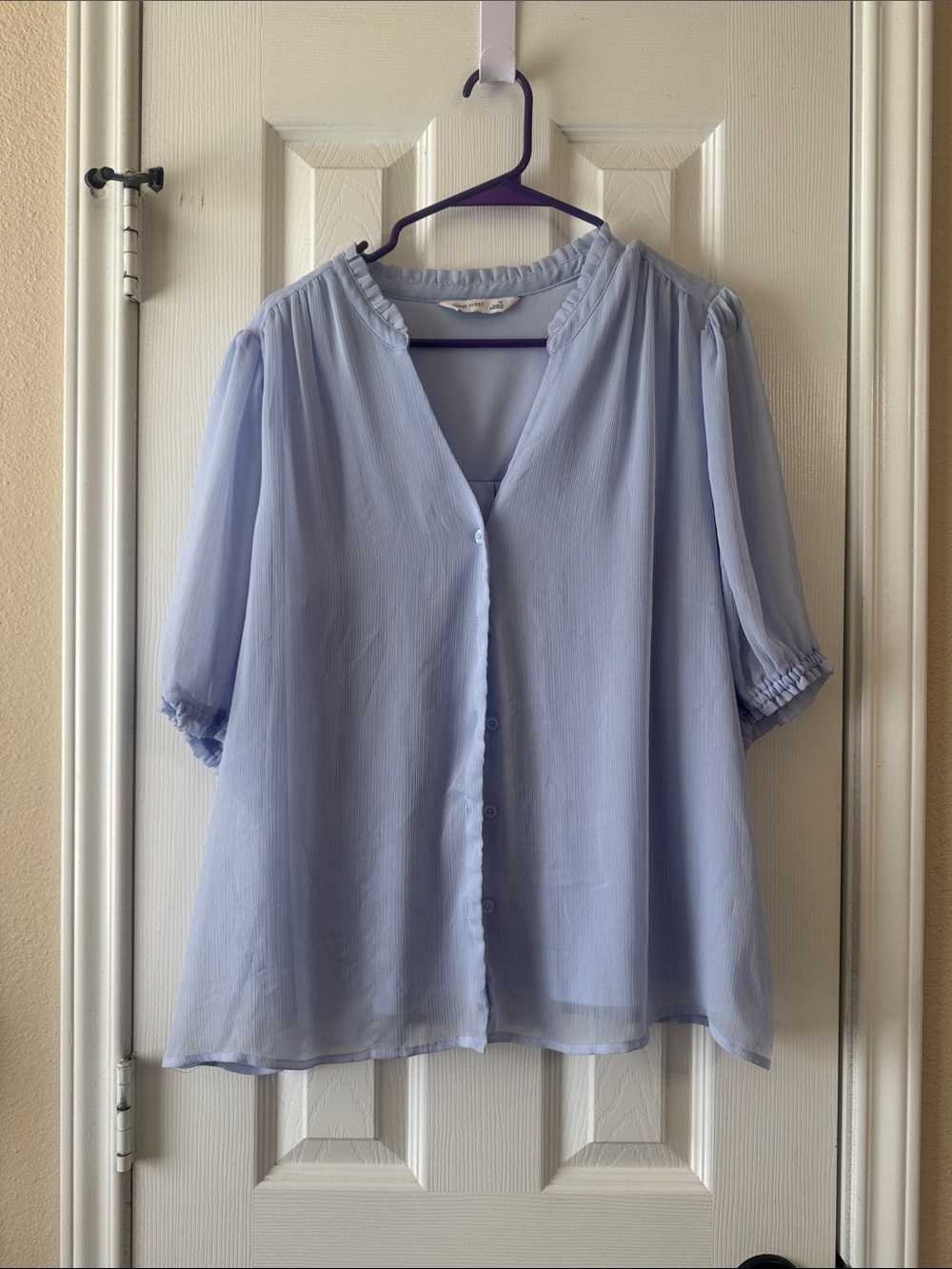 Nine West Pale Blue Ruffled V-Neck Button Blouse - Picture 2 of 9